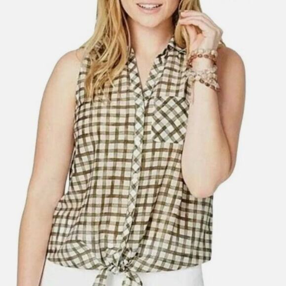 J. Jill Silk Blend Gingham Tie Front Button Down Top Size M - Picture 1 of 5